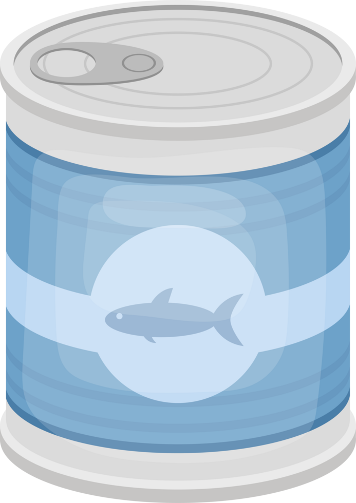 A closed metal can containing food with a fish symbol on a blue container. png