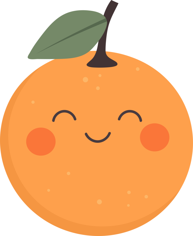 A cartoon orange smiles, with a leaf and stem atop its rounded shape. png
