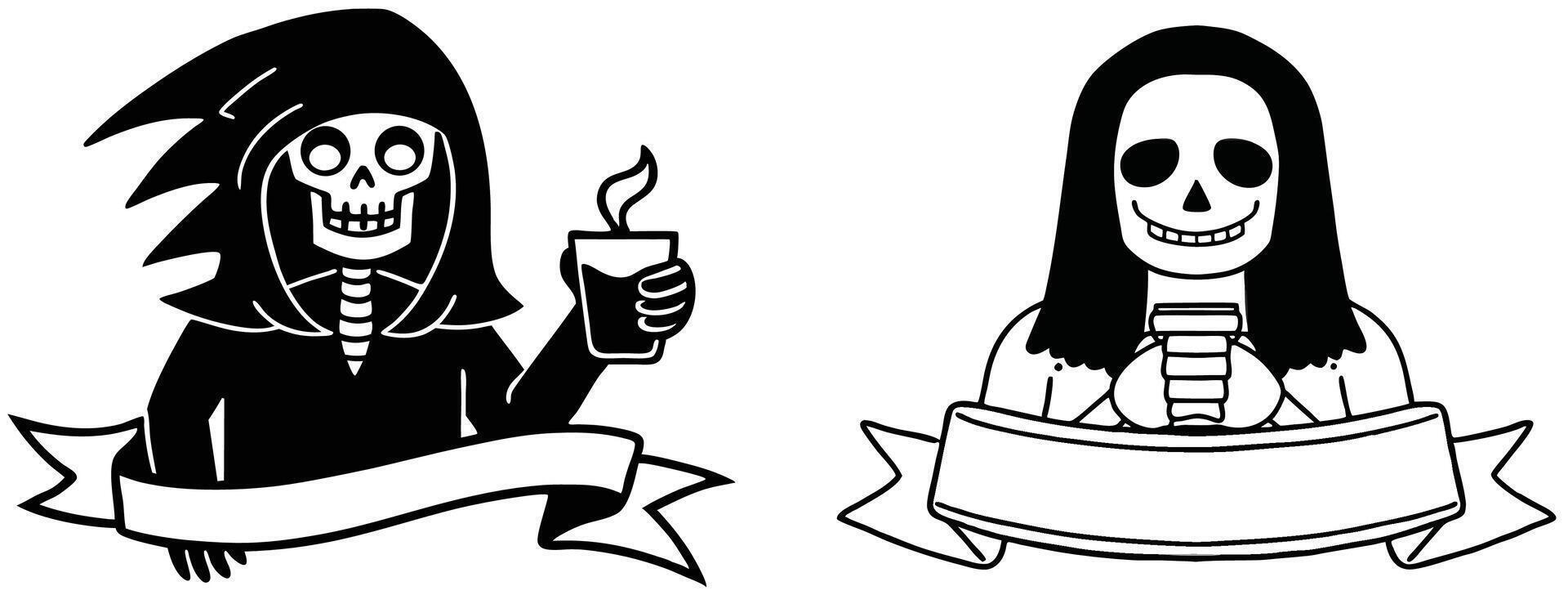 Two Skeleton Characters with Banners A Grim Reaper and a Smiling Skull vector