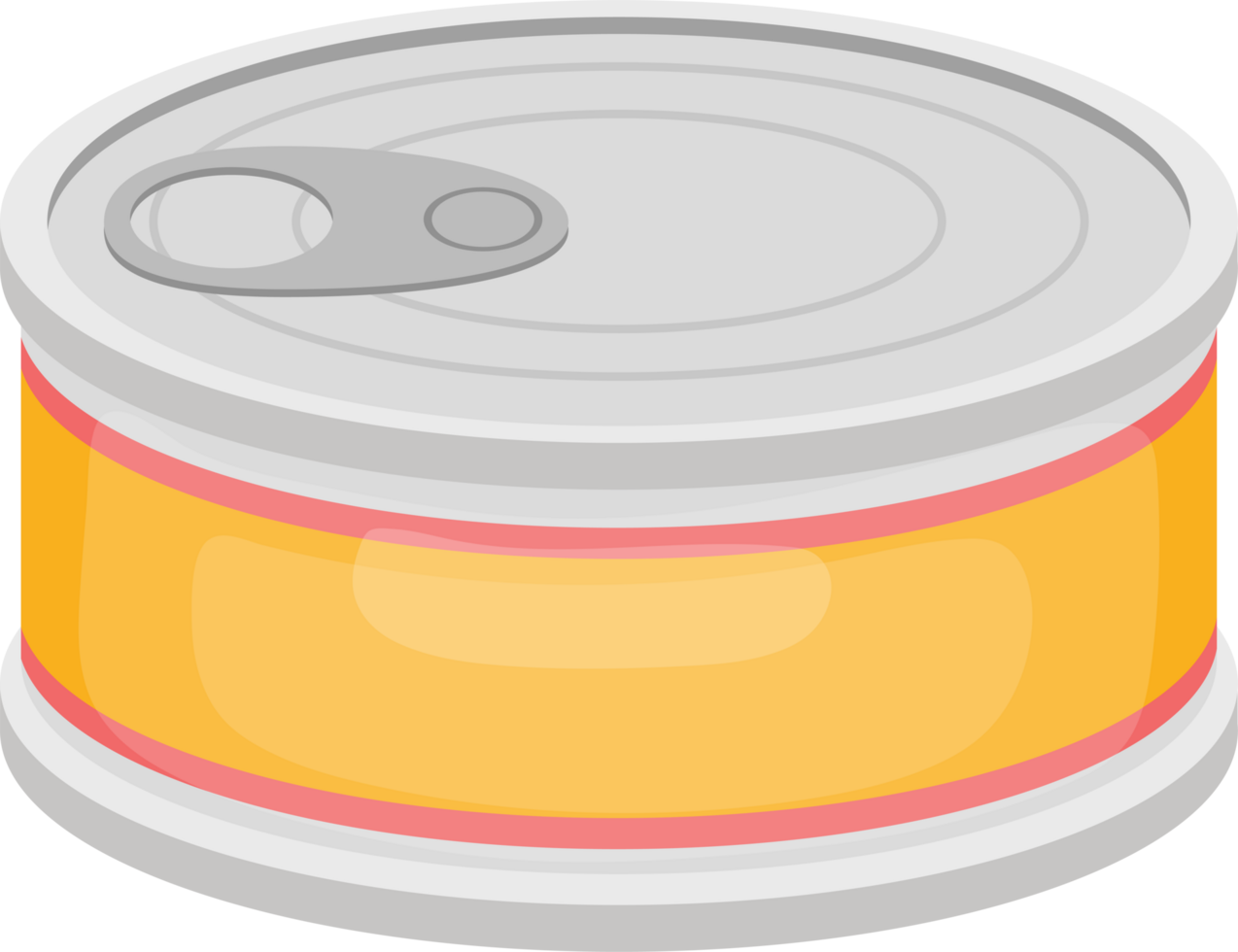 Isometric view of a closed silver and yellow tin can with a pull tab. png