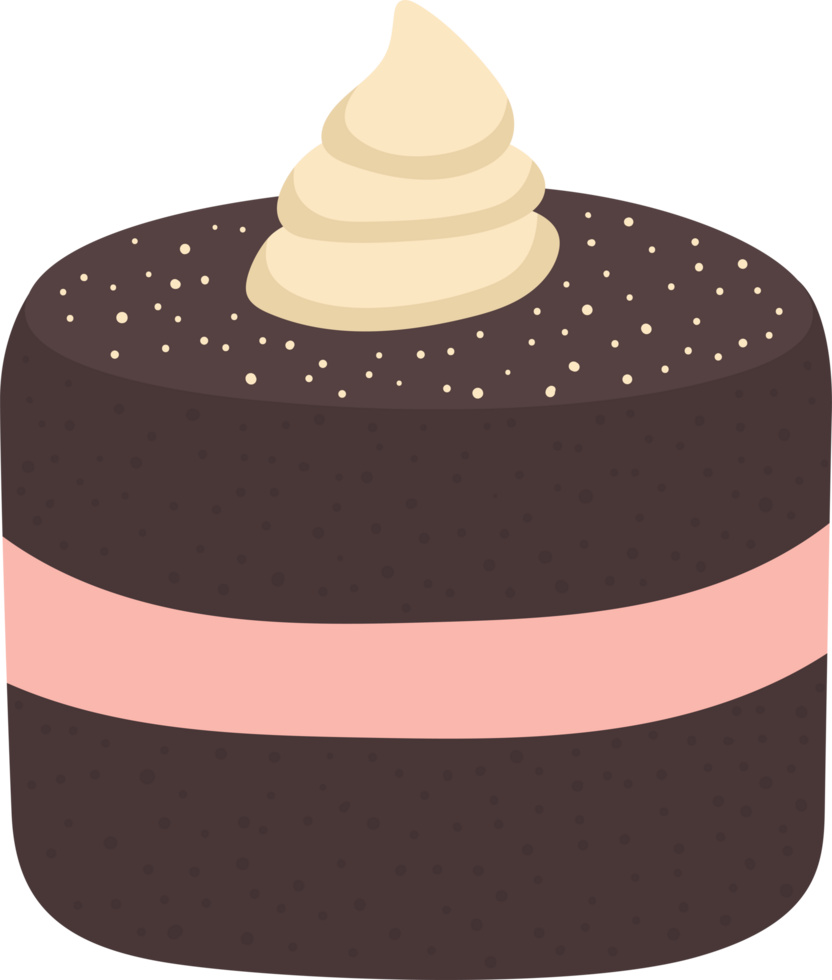 Delicious dessert icon of a chocolate cake with white frosting and pink stripe png