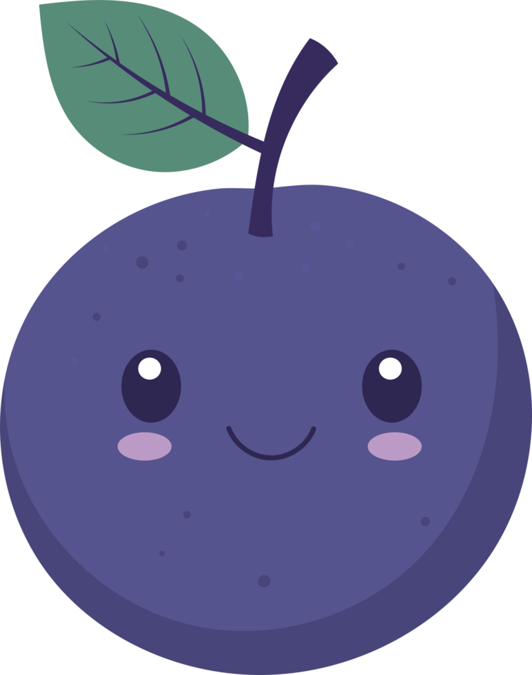 Cartoon fruit with a cheerful expression, complete with a leaf and stem. png