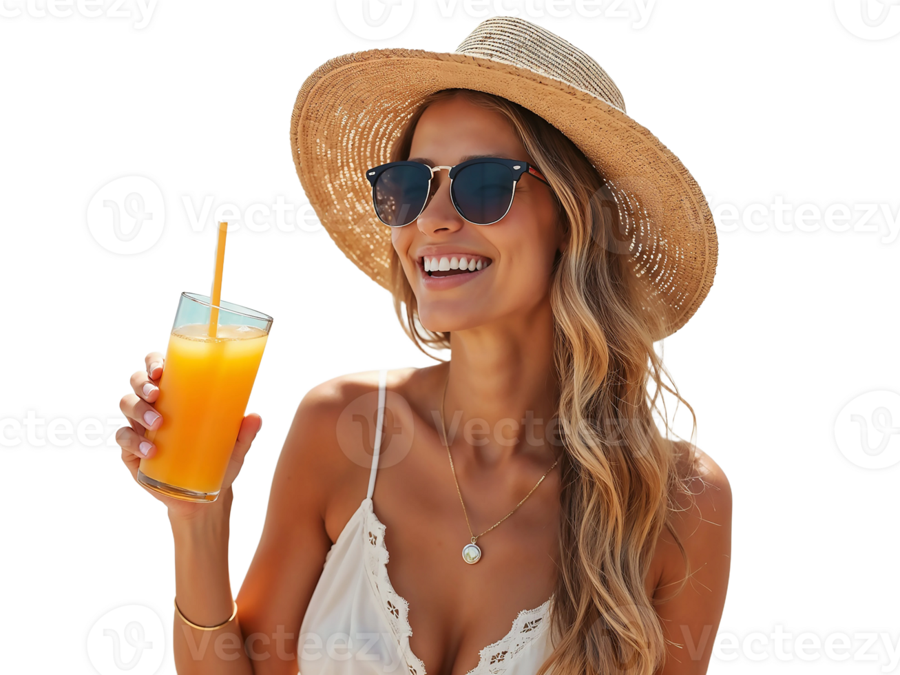 A woman in a straw hat and sunglasses holding an orange juice png