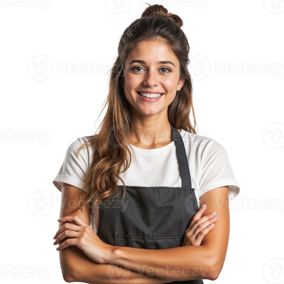 A young woman in an apron smiling png