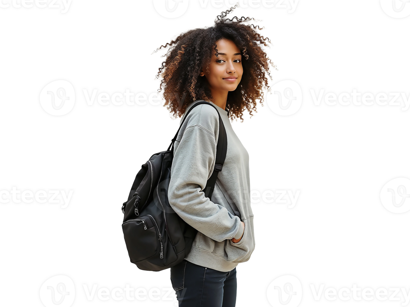 A young woman with curly hair and a backpack png
