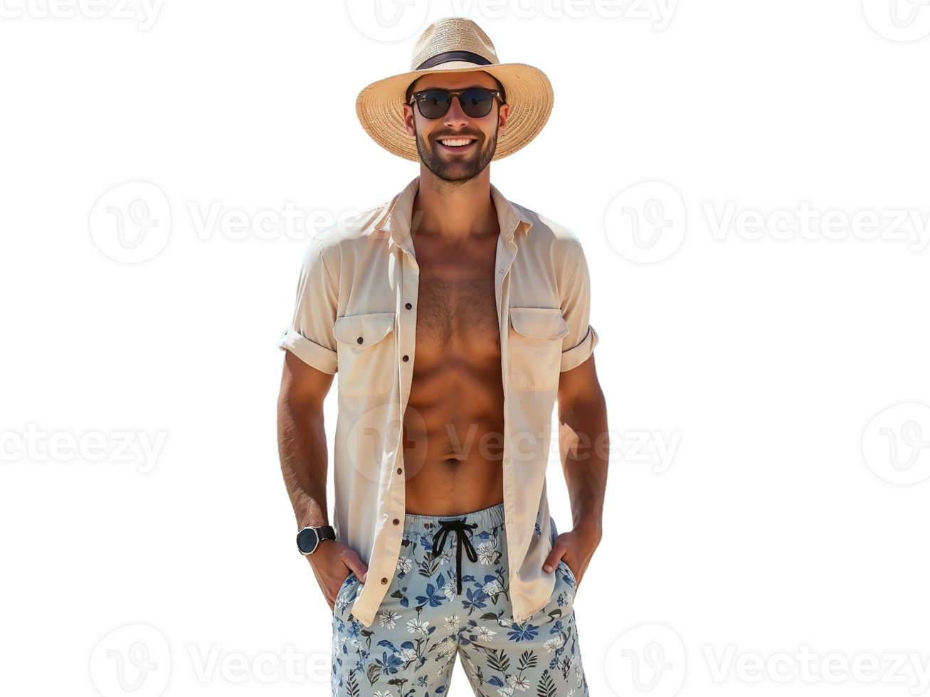 A shirtless man in a hat and shorts png