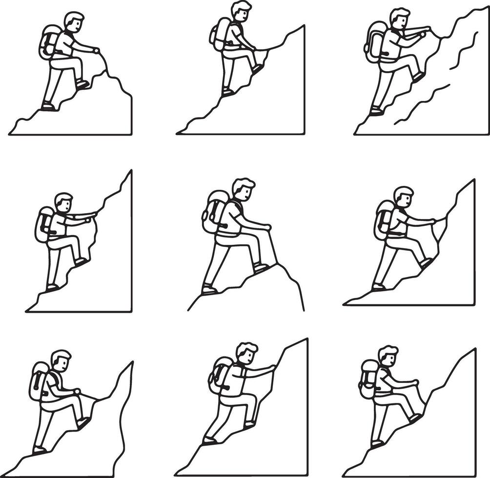 Nine Line Drawings of Hikers Ascending Rocky Mountains A Collection of Simple, Serene Climbing Illustrations vector