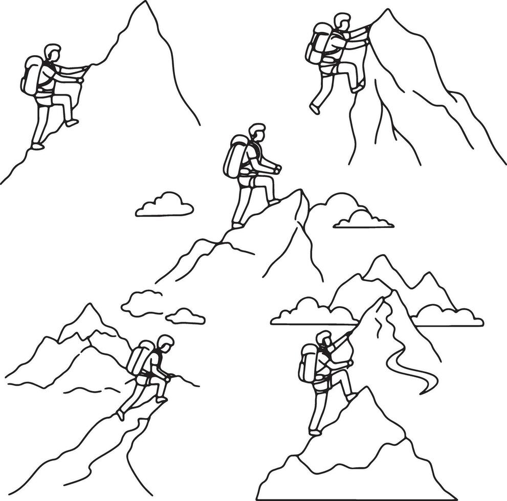 Serene Climbers Ascending Majestic Mountain Peaks A Black and White Line Art Illustration of Adventurous Hikers Conquering Challenging Terrain Under a Peaceful Sky vector
