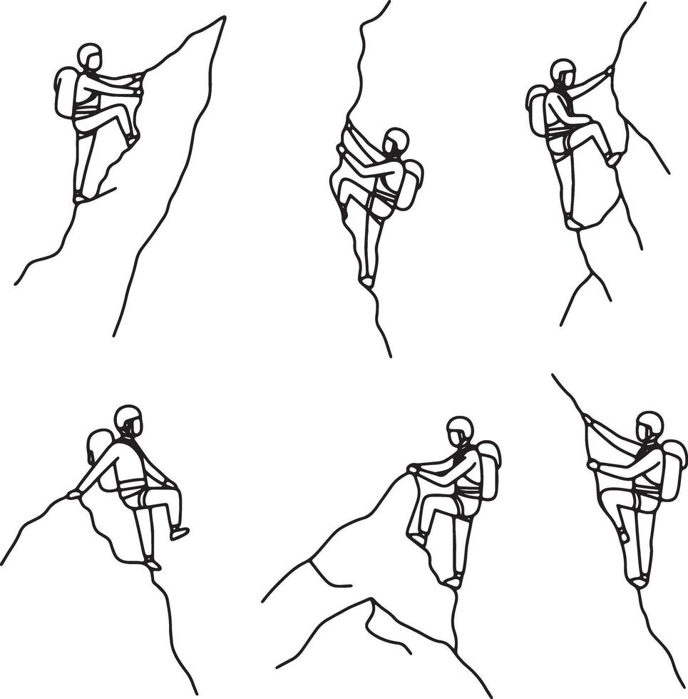 Triumphant Hikers Ascending Majestic Mountains A Collection of Line Art Illustrations Depicting Outdoor Adventure and a Motivational Spirit vector