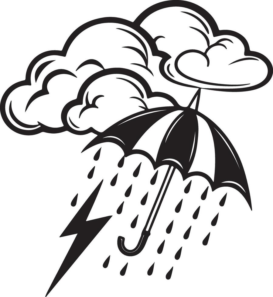 Dramatic Stormy Weather Illustration Umbrella Under Dark Clouds with Rain and Lightning Bolt - Professional digital artwork with vibrant colors and detailed composition vector