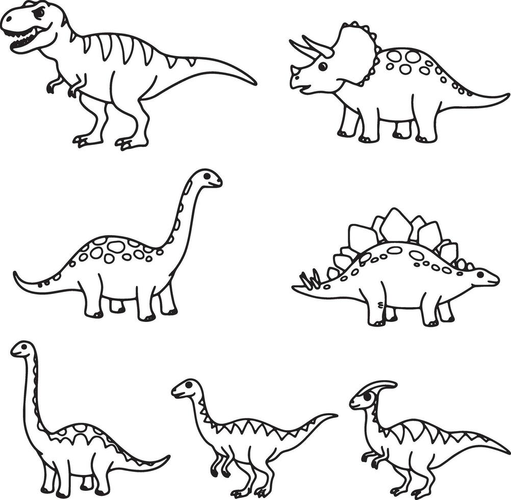 Adorable Cartoon Dinosaurs Six Prehistoric Creatures in a Delightful Black and White Illustration - Professional digital artwork with vibrant colors and detailed composition vector