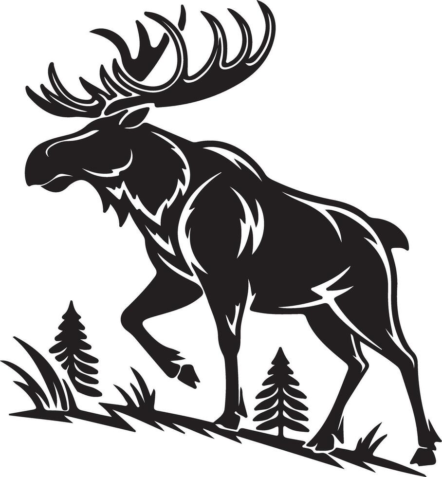 Majestic Moose in Motion A Striking Black and White Illustration of a Powerful Animal in a Serene Forest Setting vector