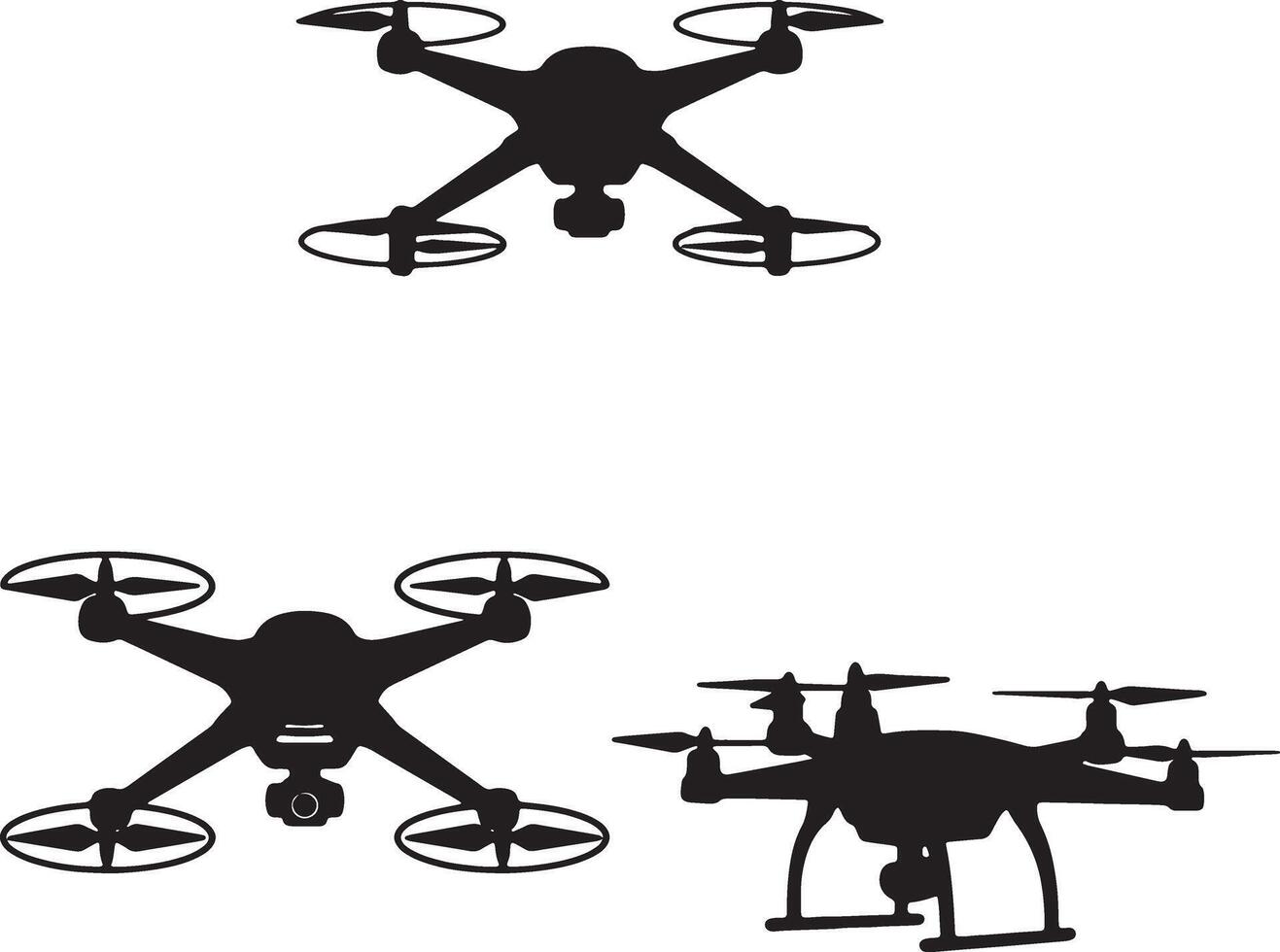 Three Sleek Black Drone Silhouettes Hovering in a Minimalist White Space, Evoking a Sense of Modern Technology and Aerial Exploration vector