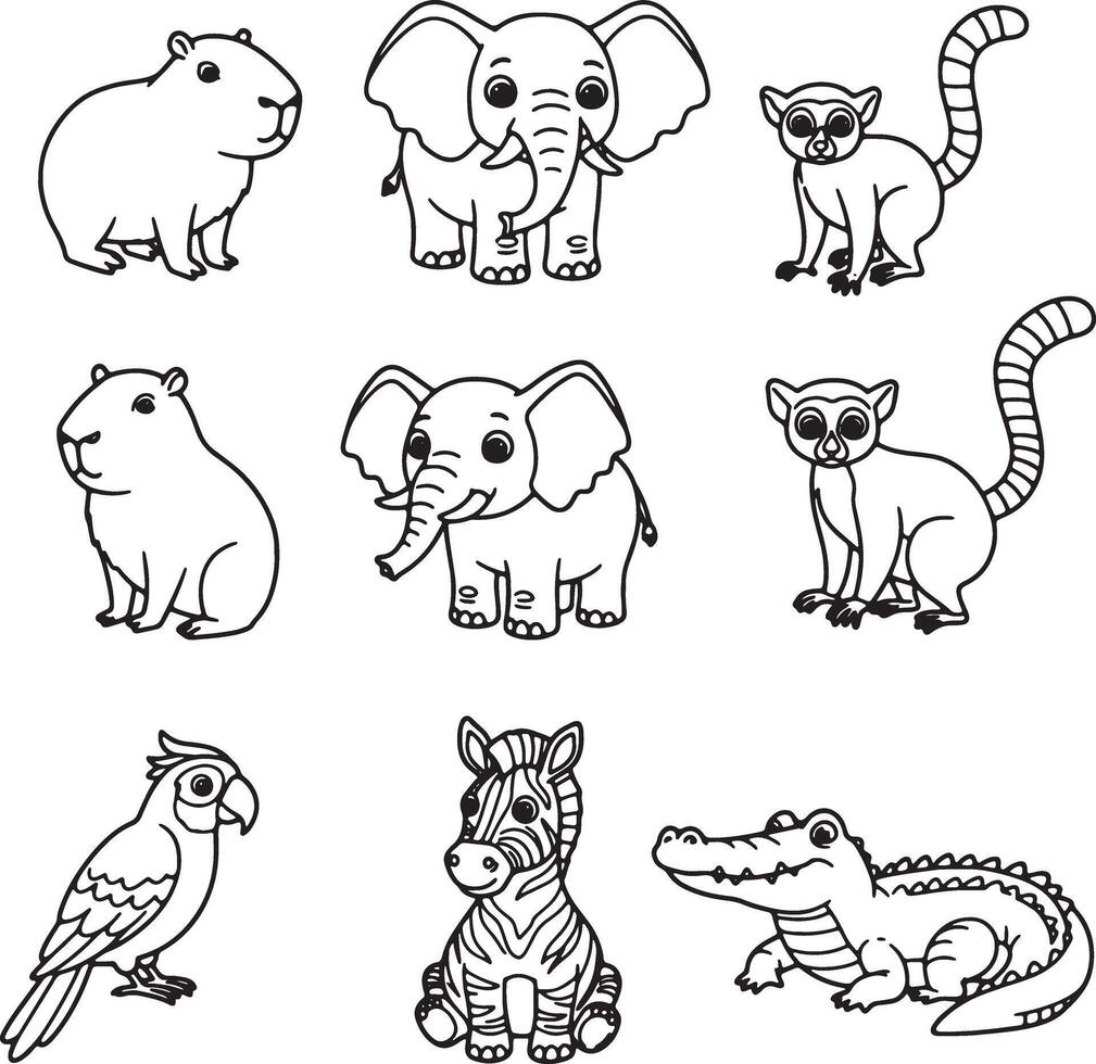 Adorable Line Art Drawings of African Safari Animals Capybara, Elephant, Lemur, Zebra, and Crocodile, Perfect for Childrens Books vector