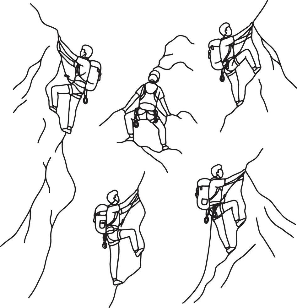 Adventurous Climbers Scaling Rocky Mountain Peaks A Dramatic Black and White Line Art Illustration - Professional digital artwork with vibrant colors and detailed composition vector