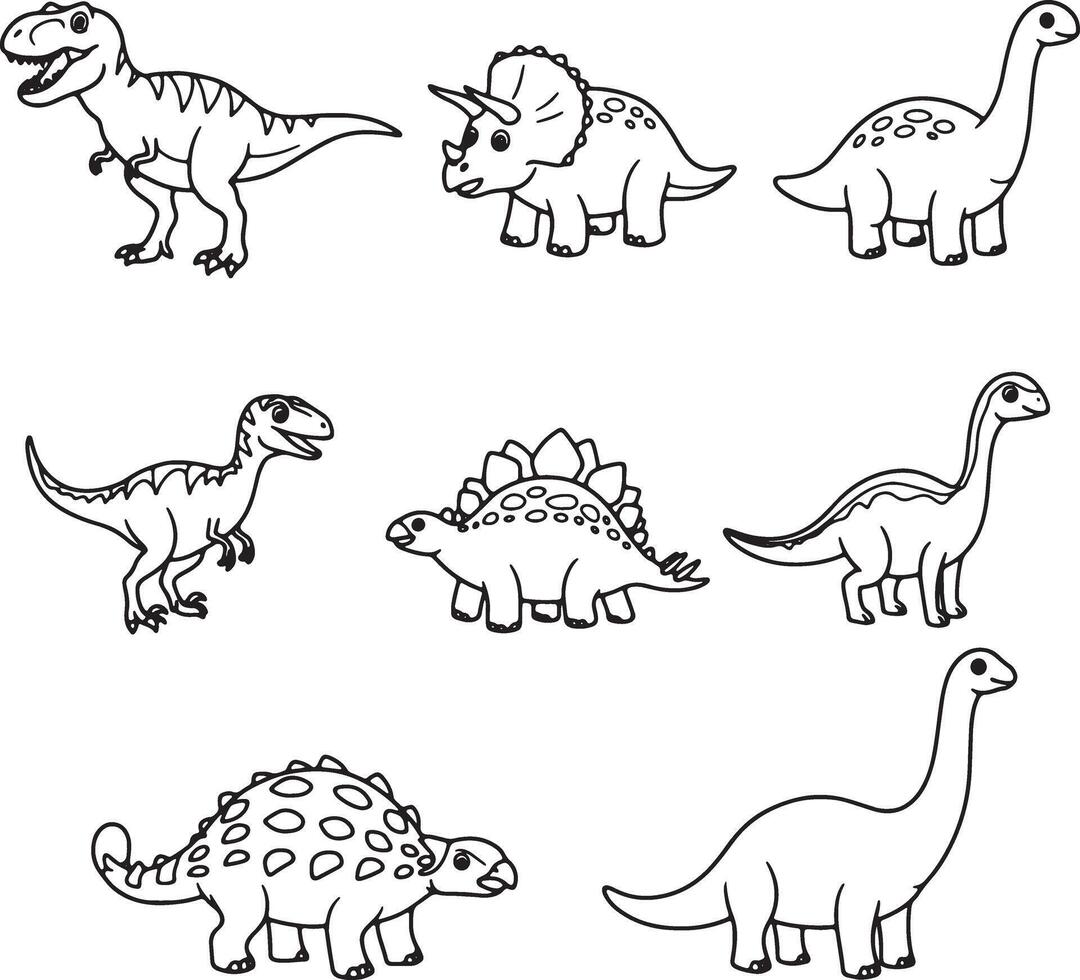 Cartoon Dinosaurs A Delightful Collection of Prehistoric Creatures in a Playful Black and White Illustration vector