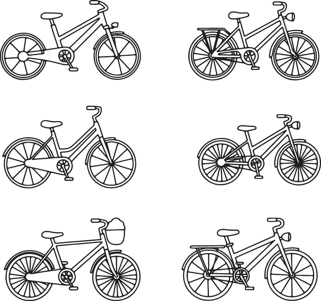 Six Simple Line Drawings of Bicycles, Perfect for Coloring Pages, Illustrating Different Bicycle Styles in a Clean, White Background vector