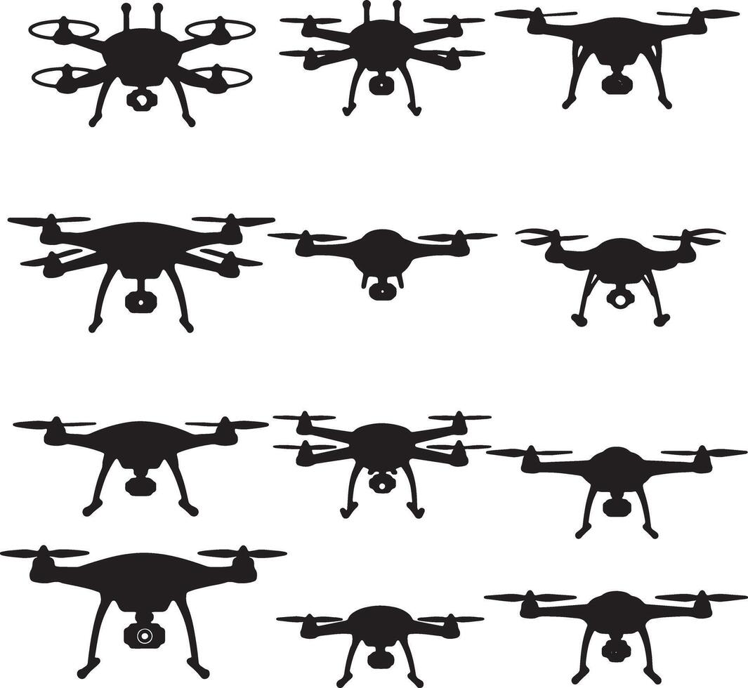 Collection of Twelve Stylish Black Silhouette Drones Hovering in a White Background, Illustrating Various Designs and Sizes vector