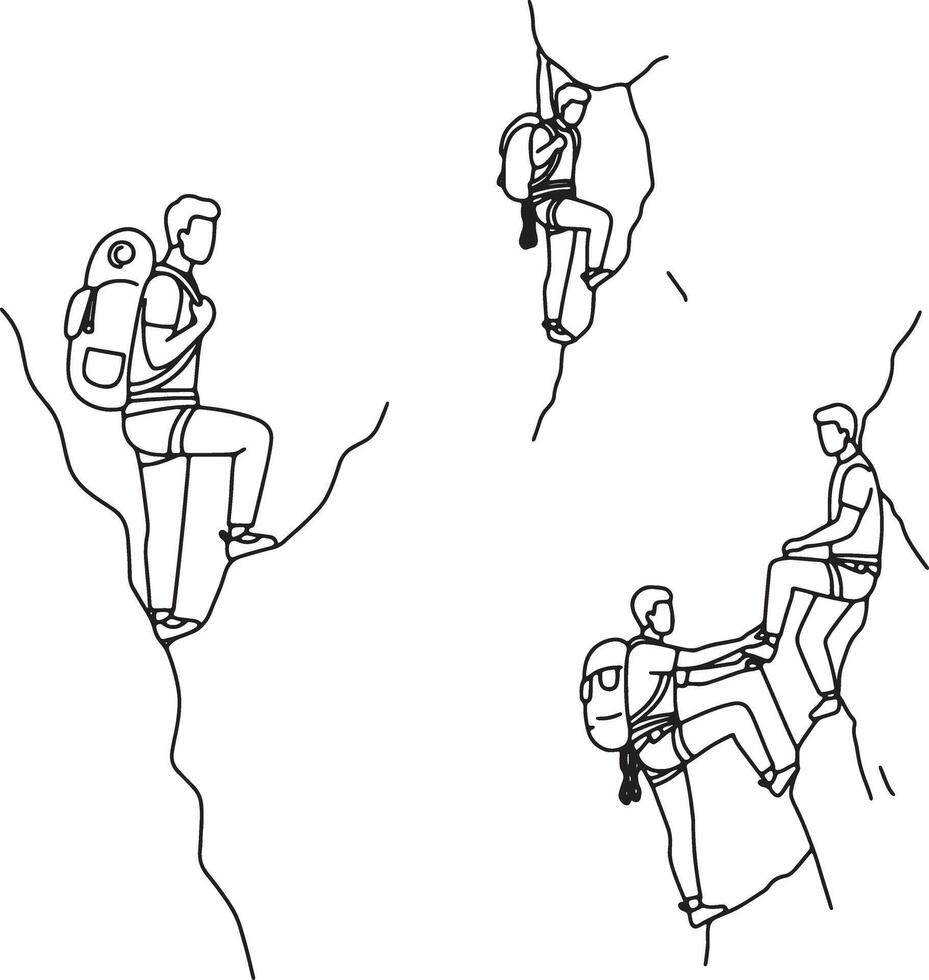 Adventurous Climbers Scaling Rocky Mountain Peaks A Dramatic Line Art Illustration of Hiking and Mountaineering vector
