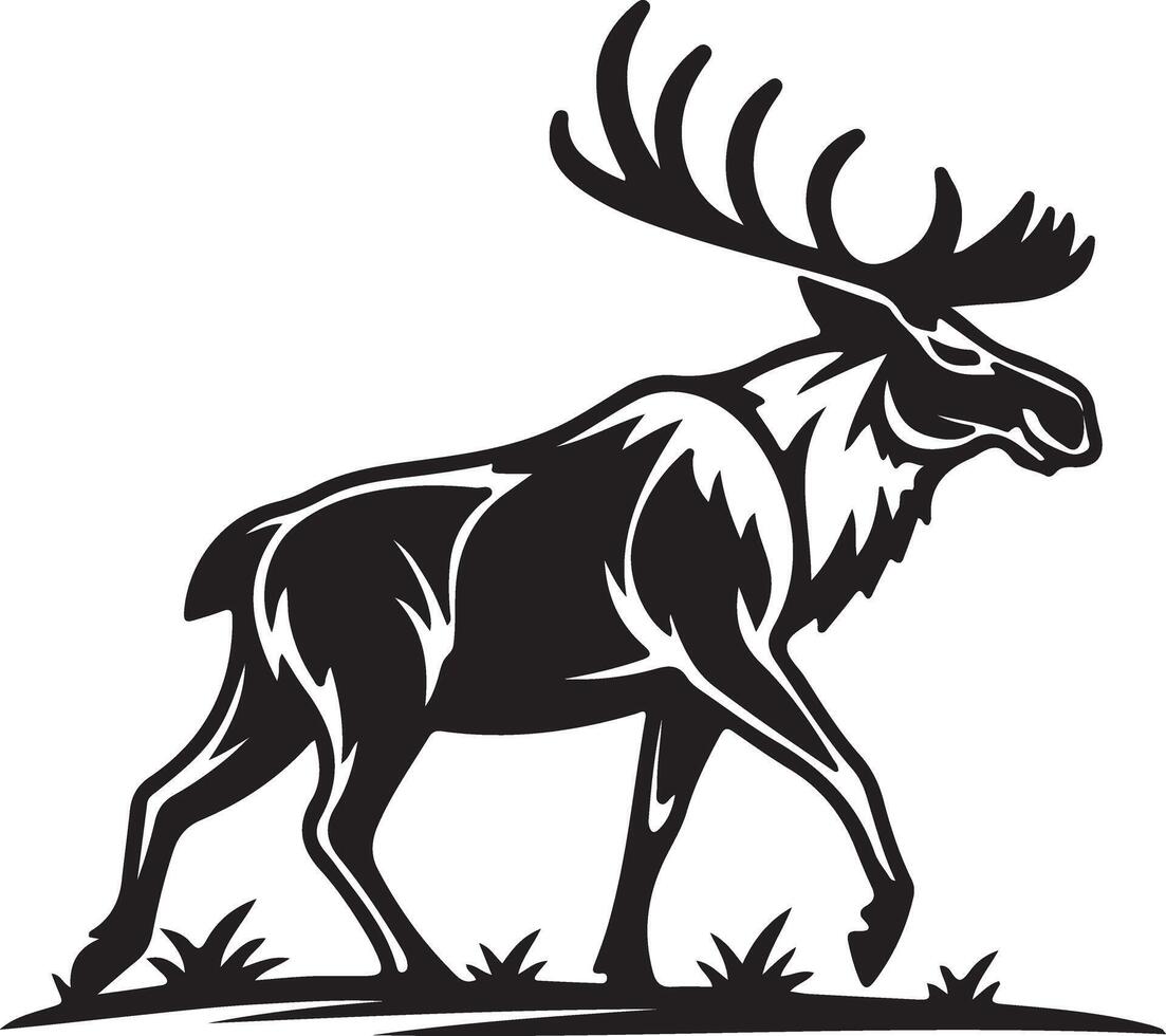 Majestic Moose Walking Through Wild Grassland A Striking Black and White Illustration of a Powerful North American Animal in its Natural Habitat vector