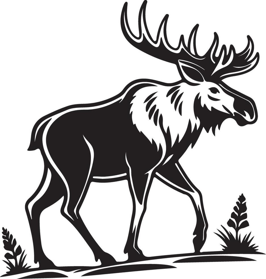 Majestic Moose Walking Through Serene Wilderness A Striking Black and White Illustration of a North American Elk vector