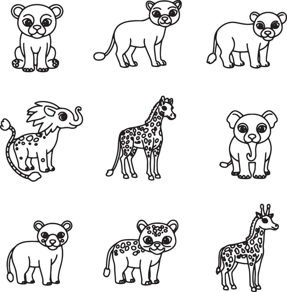 Adorable Cartoon Safari Animals Nine Cute Line Drawings of African Wildlife, Perfect for Kids Coloring Pages vector