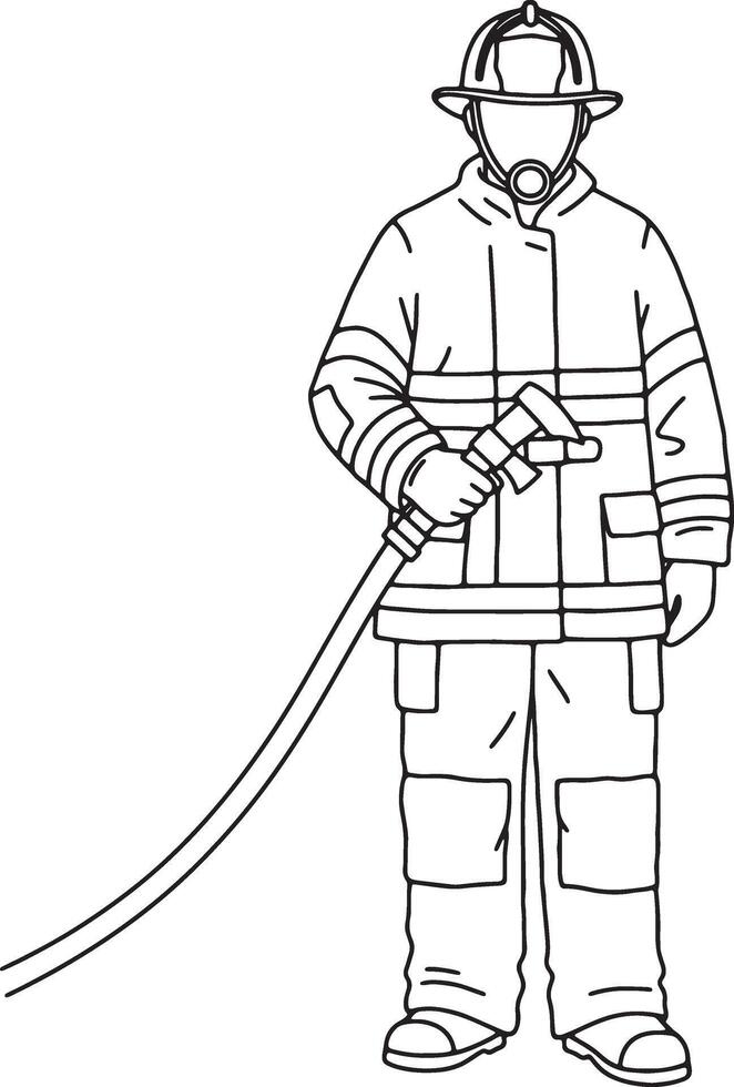 Brave Firefighter Ready for Action, Holding Hose, in Full Uniform, Serious Mood, Line Art Illustration vector