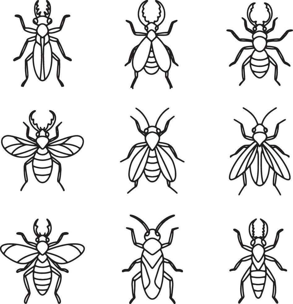 Nine Detailed Line Drawings of Insects Beetles, Bugs, and Flies Entomology Illustrations for Science, Education, and Design vector