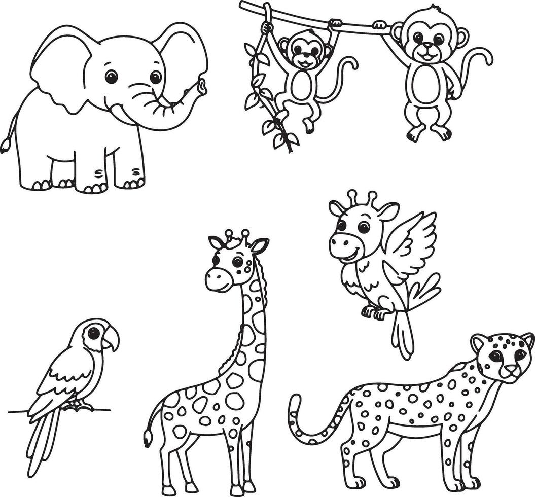Adorable African Safari Animals Coloring Page Cute Elephant, Monkeys, Giraffe, Parrot, and Cheetah in a Joyful Setting vector