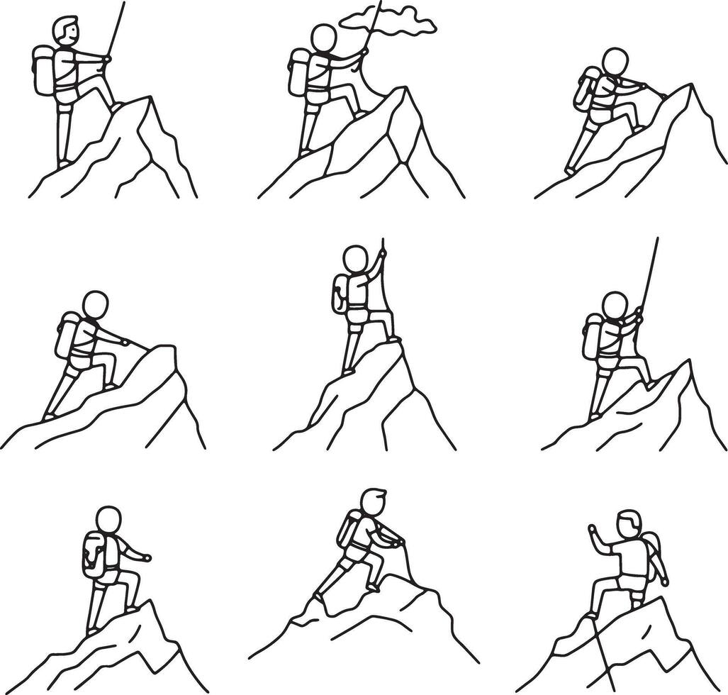 Nine Dynamic Line Drawings of Hikers Ascending Rocky Mountain Peaks, Illustrating Adventure and Perseverance - Professional digital artwork with vibrant colors and detailed composition vector