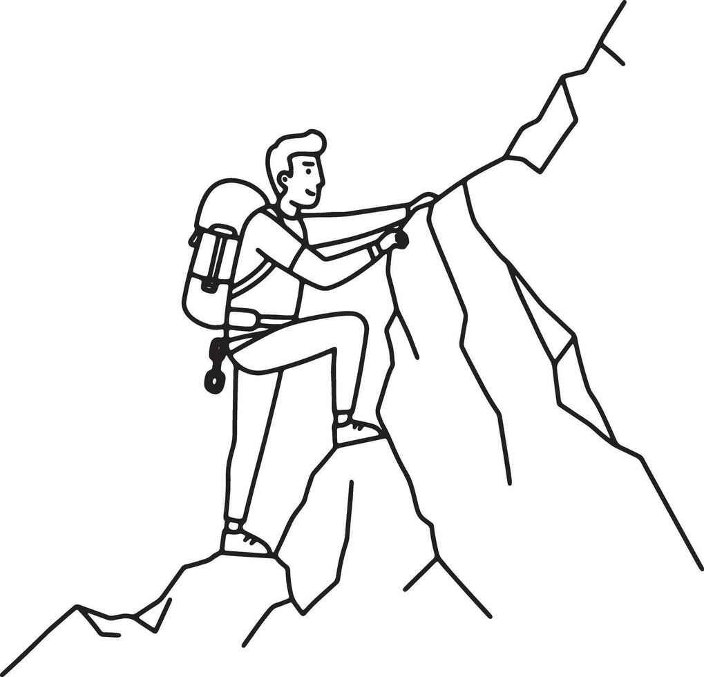 Determined Hiker Ascending Rugged Mountain Peak A Dramatic Black and White Line Art Illustration - Professional digital artwork with vibrant colors and detailed composition vector
