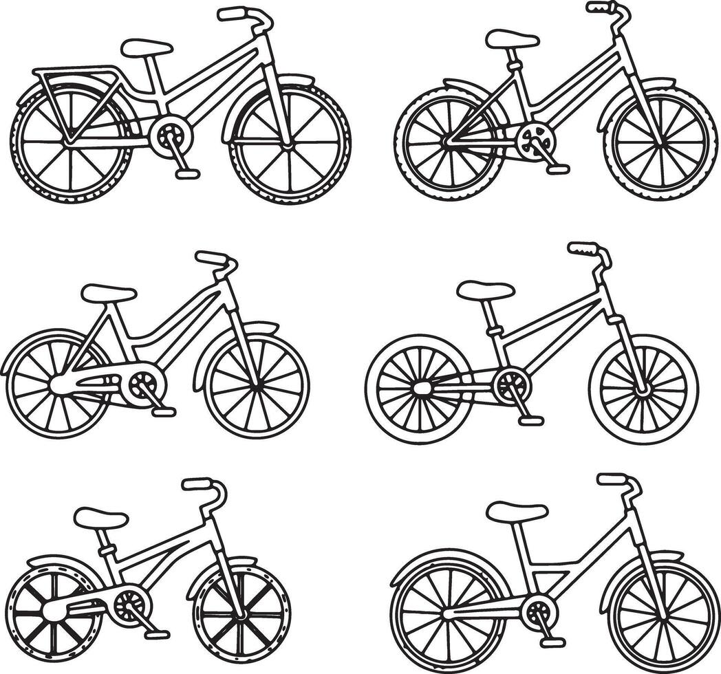 Six Simple Line Drawings of Kids Bikes Adorable Childrens Bicycle Illustrations, Perfect for Coloring Pages and Designs vector