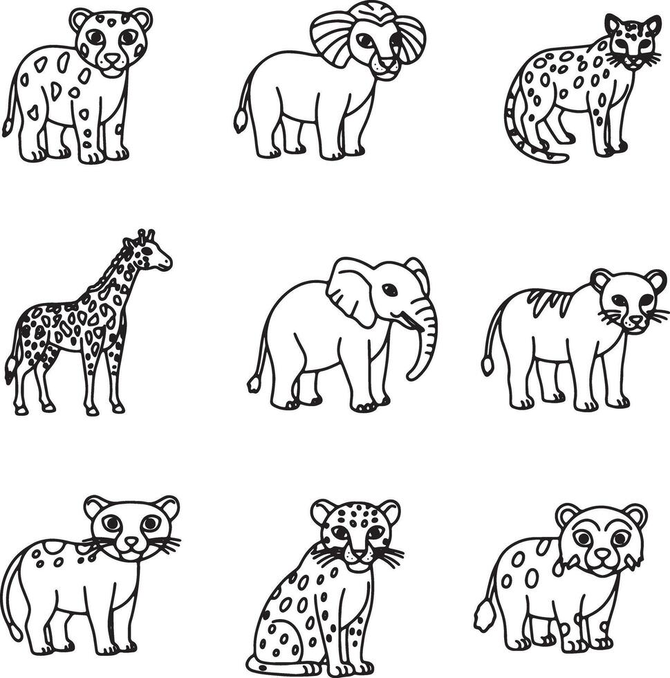 Adorable Line Art African Safari Animals Charming Illustrations of Elephants, Giraffes, Leopards, and Lions in a Whimsical Style vector