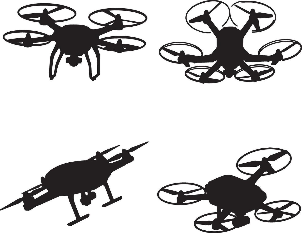 Four Silhouettes of Drones in Flight A Dramatic Black and White Illustration of Aerial Technology vector