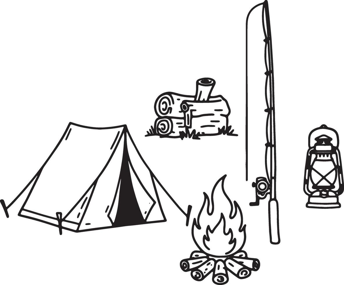 Serene Camping Scene Tent, Fire, Fishing Rod, and Lantern in Rustic Wilderness - Professional digital artwork with vibrant colors and detailed composition vector