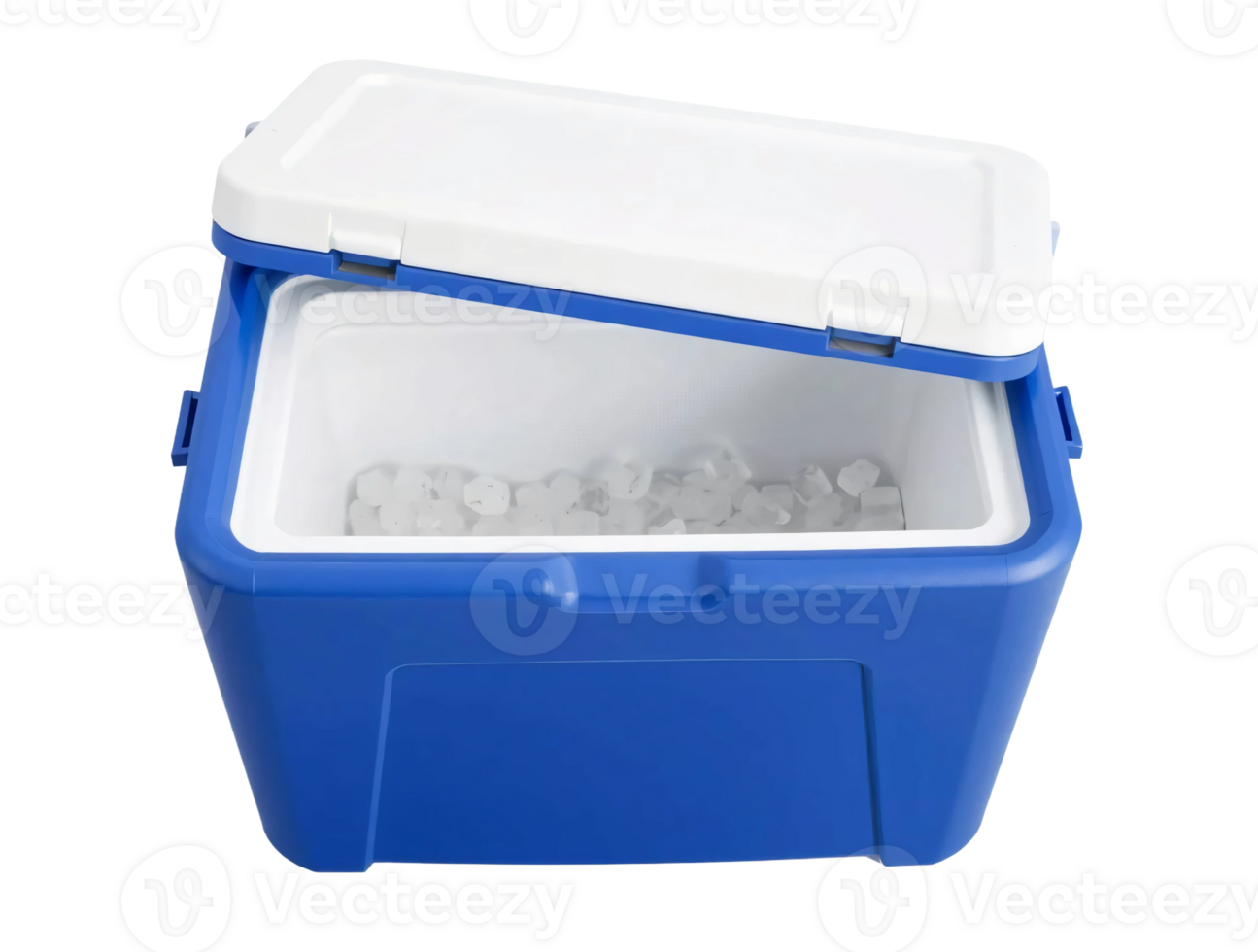 A blue and white cooler with ice in it png