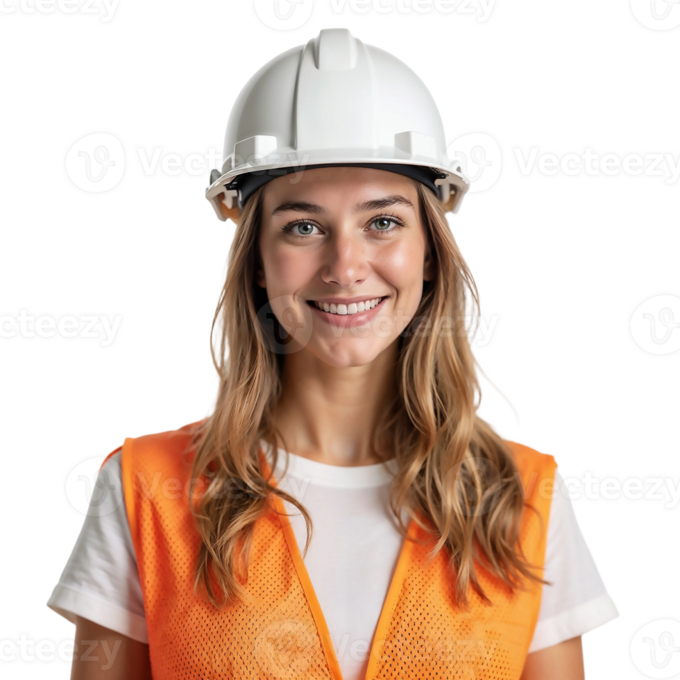 A woman wearing an orange vest and hard hat png