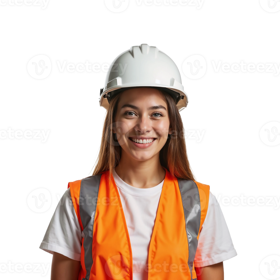 A woman wearing an orange vest and a hard hat png