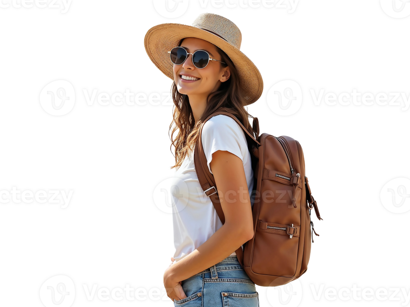 A woman wearing a hat and a white shirt with a brown backpack png
