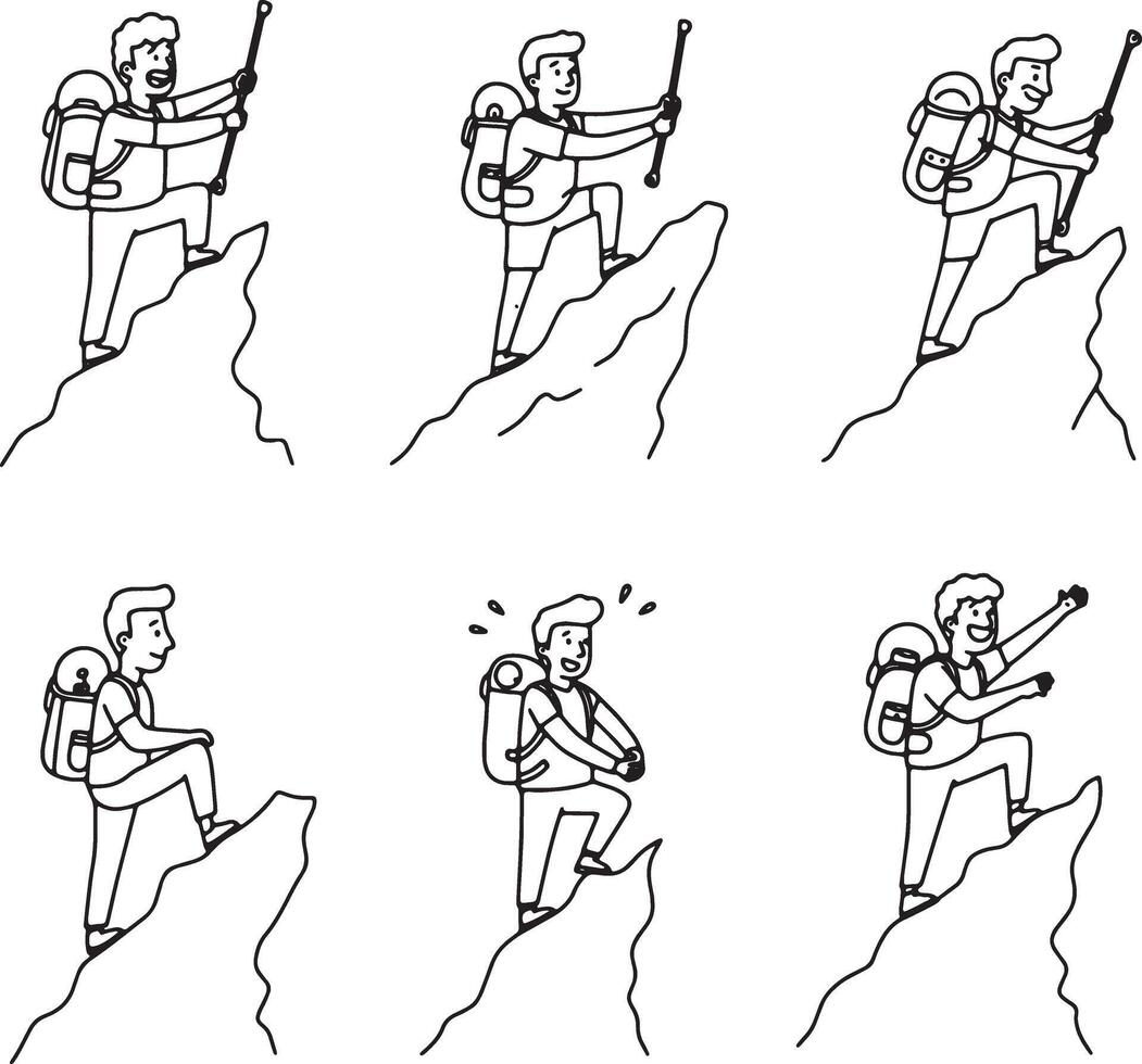 Six Adventurous Hikers Ascending Rocky Mountain Peaks A Set of Line Drawings Illustrating a Thrilling Outdoor Journey vector