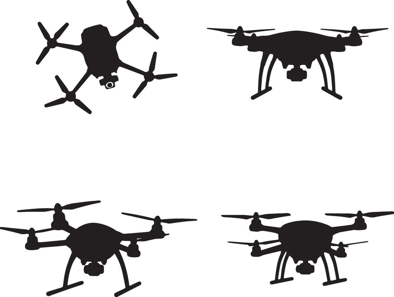 Four Black Silhouettes of Drones in Flight Aerial Photography and Surveillance Mood - Professional digital artwork with vibrant colors and detailed composition vector