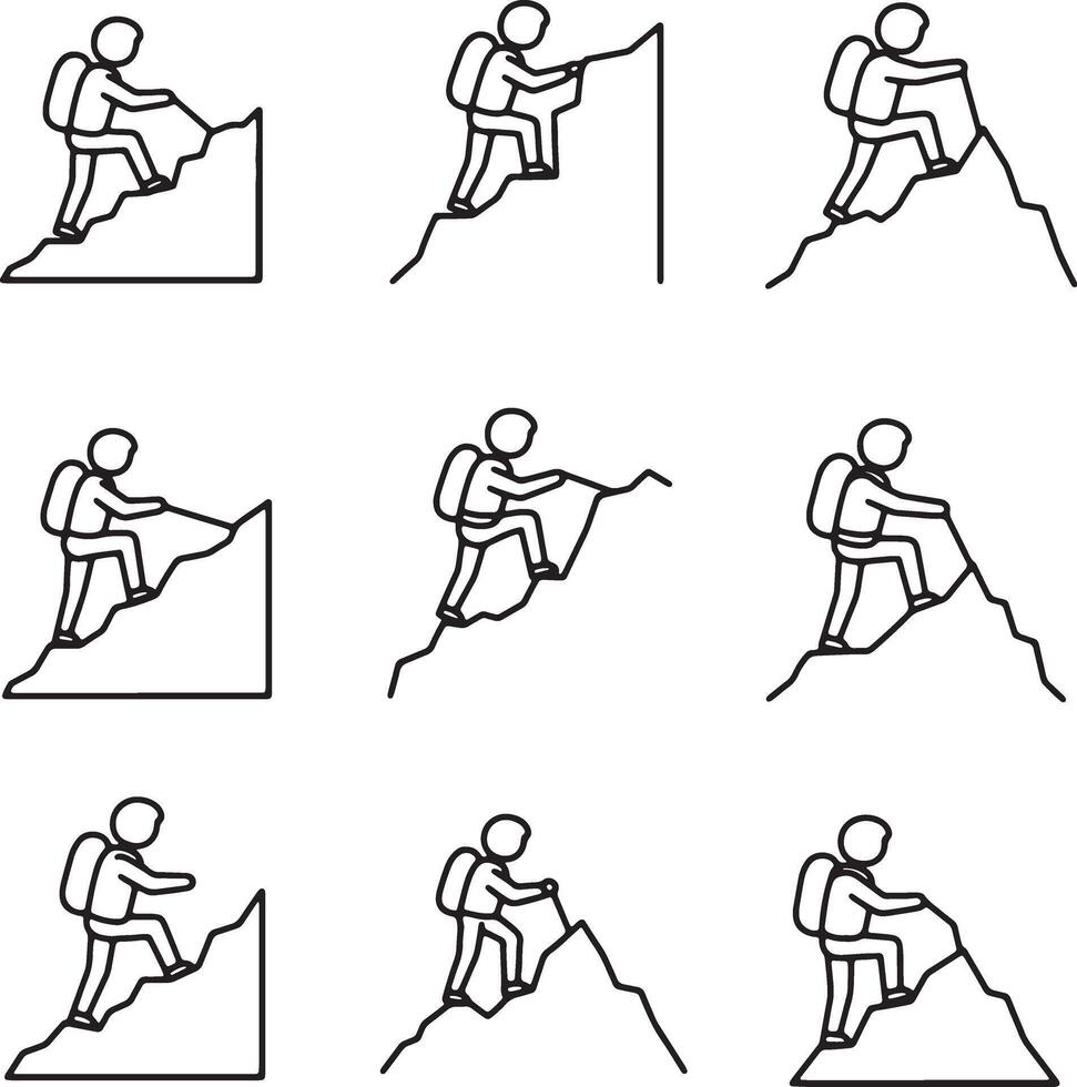 Nine Line Art Illustrations of Hikers Ascending Mountains Challenging Climbs in a Serene Outdoor Setting vector