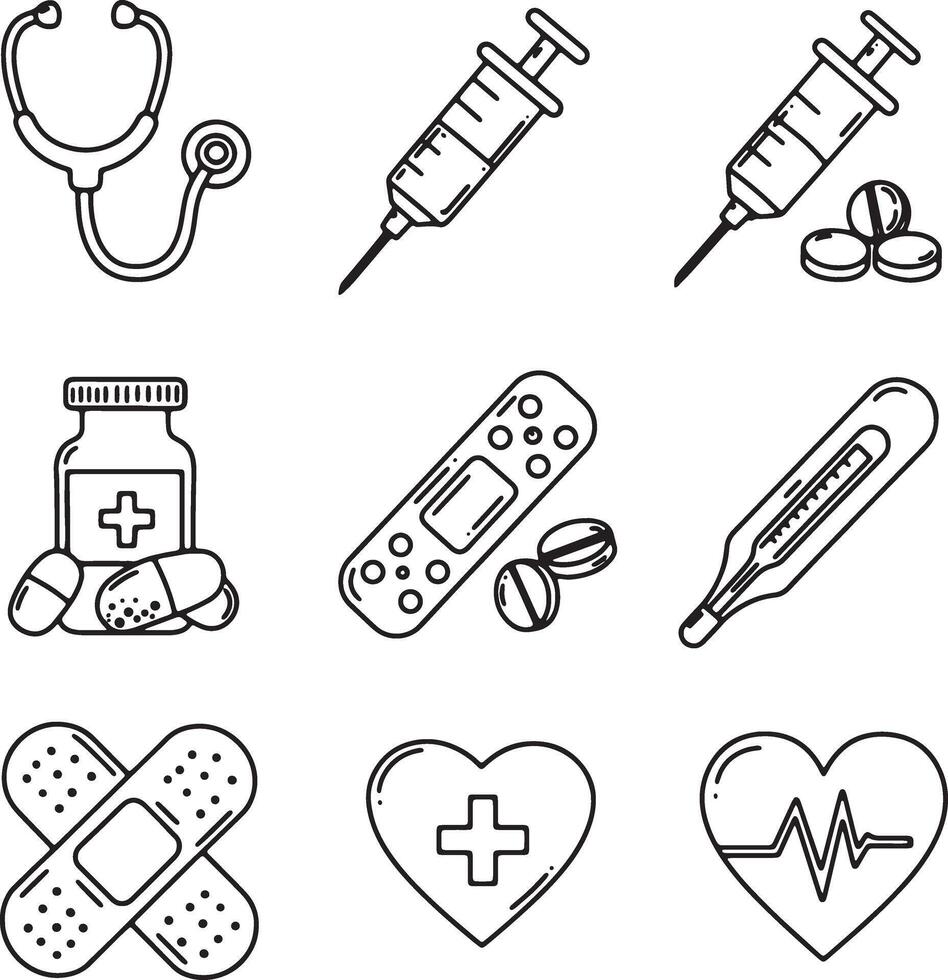 Simple Line Art Medical Icons Syringes, Stethoscope, Pills, Bandages, Thermometer, and Heartbeat Graphics for Healthcare Websites vector