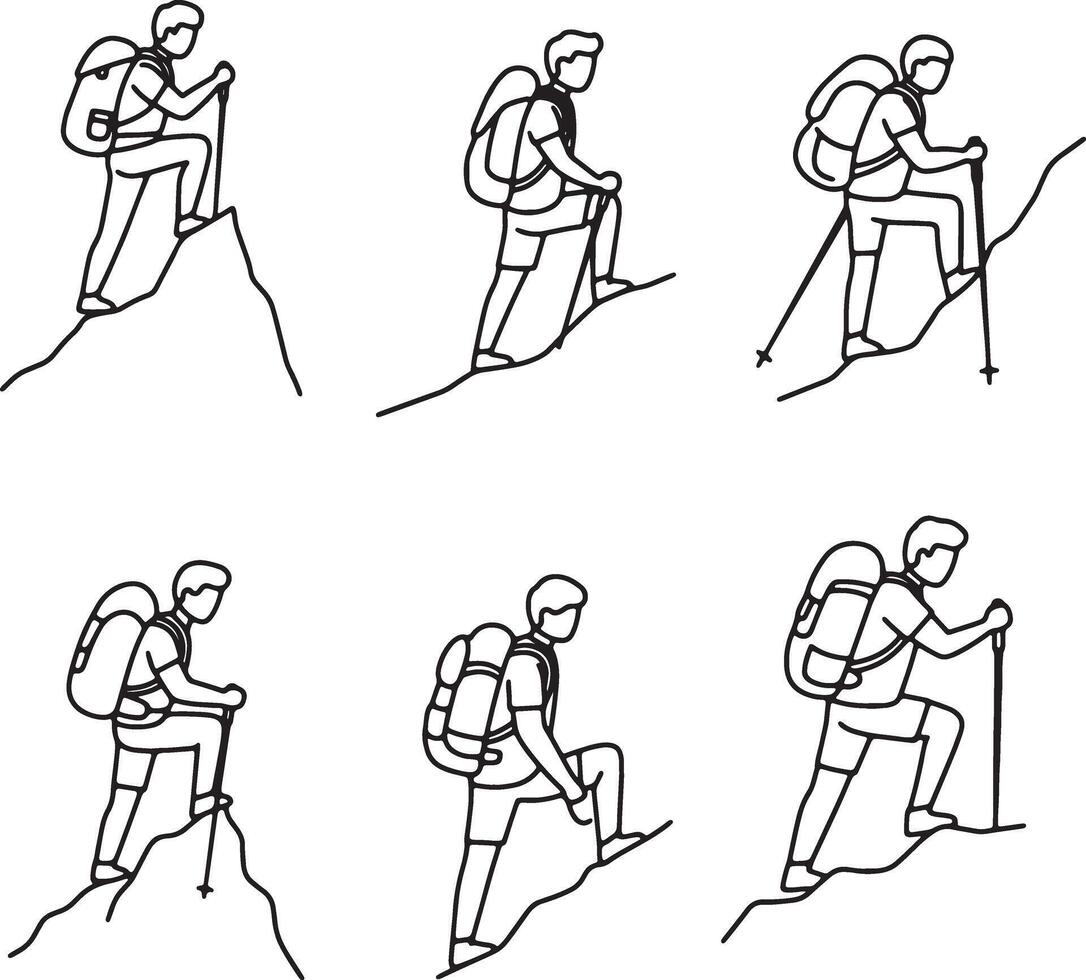 Six Hikers Ascending Mountain Peaks A Collection of Line Art Illustrations Depicting the Joy and Challenge of Hiking in Nature vector