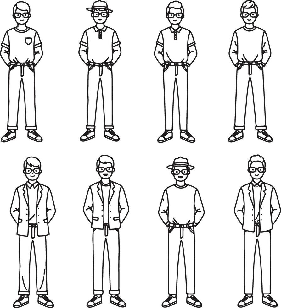 Eight Stylish Mens Fashion Illustrations Casual and Smart Outfits in a Minimalist Line Art Style vector
