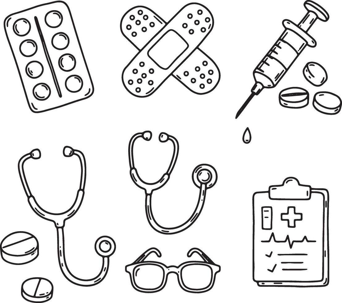 Charming Hand-Drawn Medical Illustrations Cheerful Line Art of Pills, Bandages, Stethoscope, Syringe, and Medical Chart vector