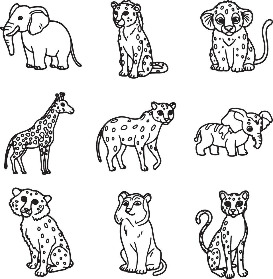 Adorable African Safari Animals Cute Line Art Illustrations of Elephants, Cheetahs, Giraffes, and More in a Whimsical Mood vector