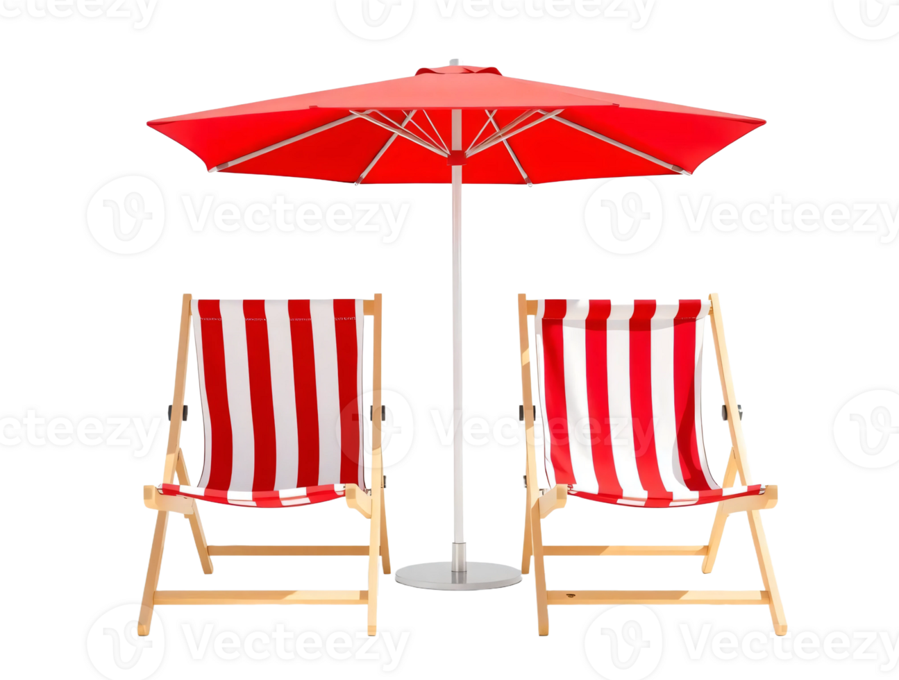Two deck chairs with a red and white striped umbrella png