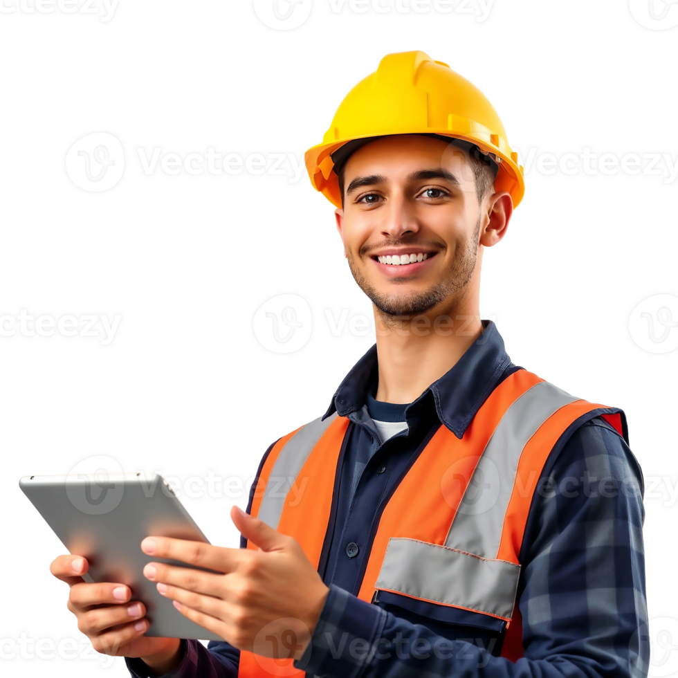 A man in an orange vest and hard hat holding a tablet png