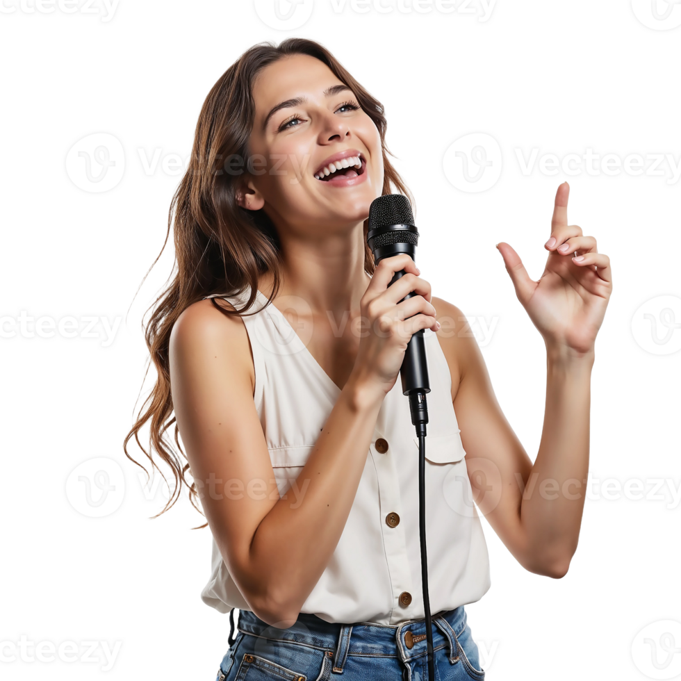 A woman singing into a microphone png